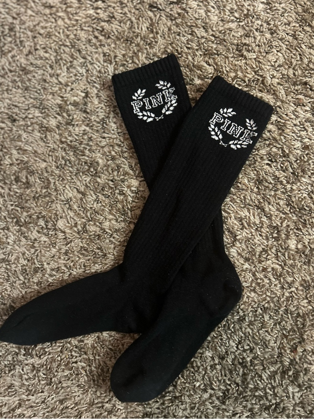 PINK Victoria's Secret Black Crew Socks with White Wreath Logo